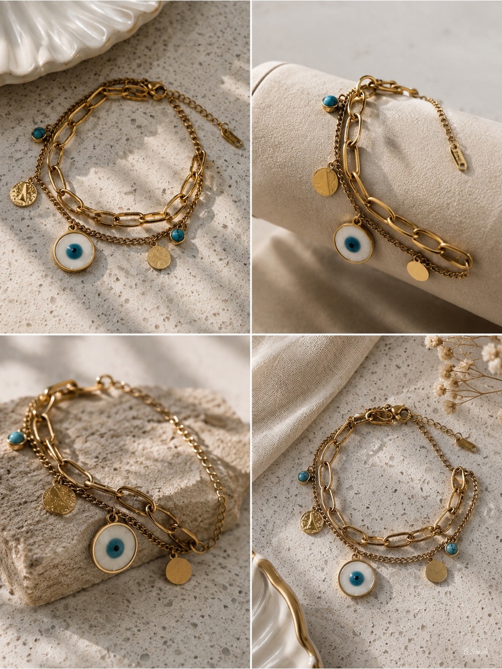 Gold Plated Chain Bracelet with Blue Evil Eye Charm - Women Jewelry